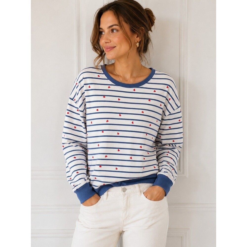 Pact Organic Cotton Heart Print Striped Sweatshirt XL Blue White Red Pullover